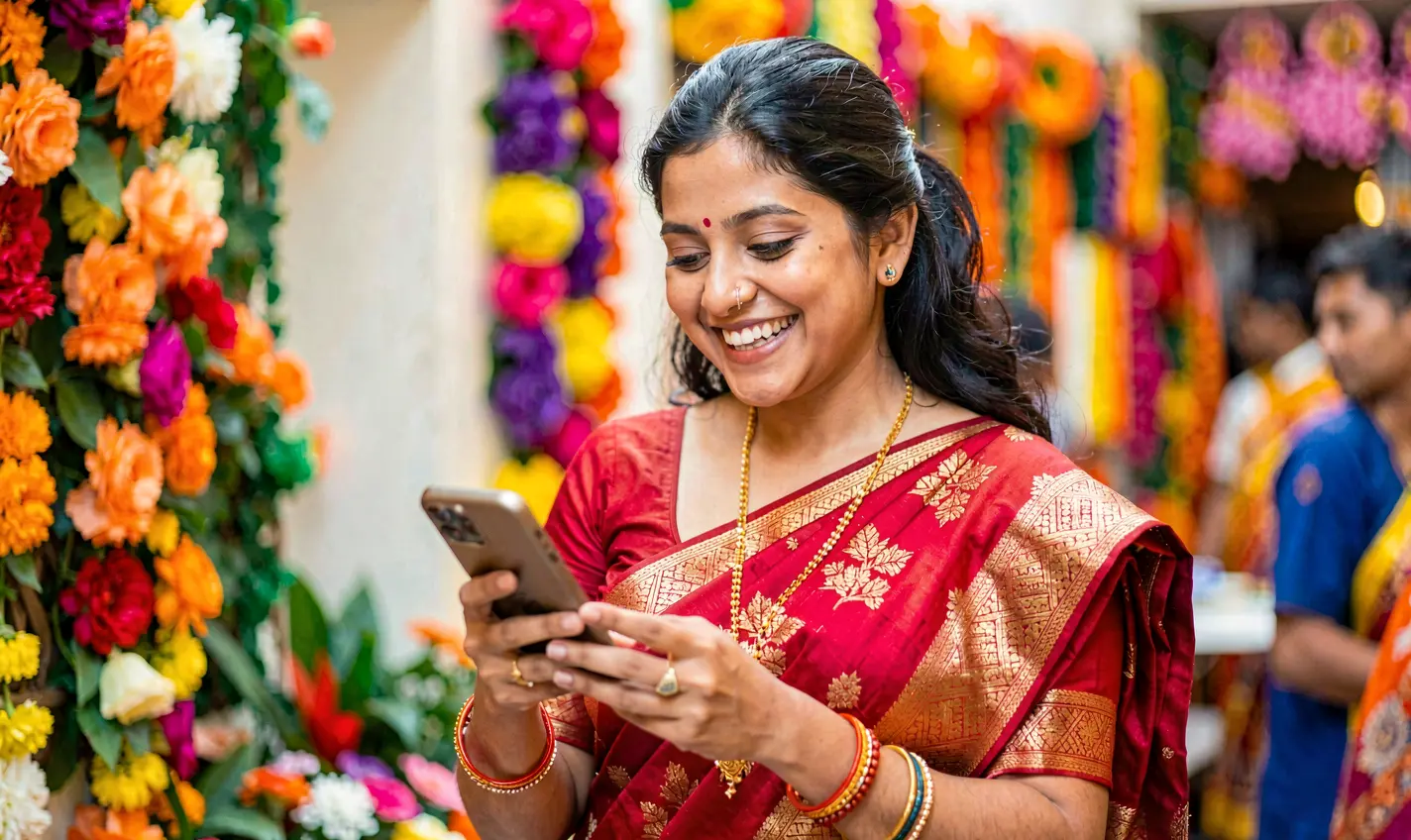 Confident Bangladeshi woman using the 25OK casino app on her smartphone with colorful gaming visuals behind her