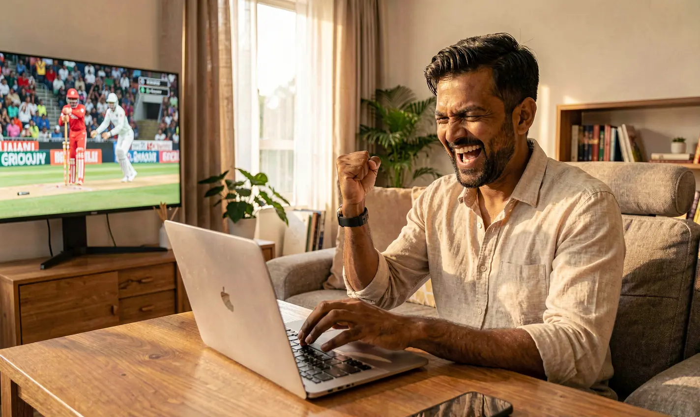 Excited Bangladeshi sports betting enthusiast celebrating a win while placing live cricket bets on a laptop with 25OK at home