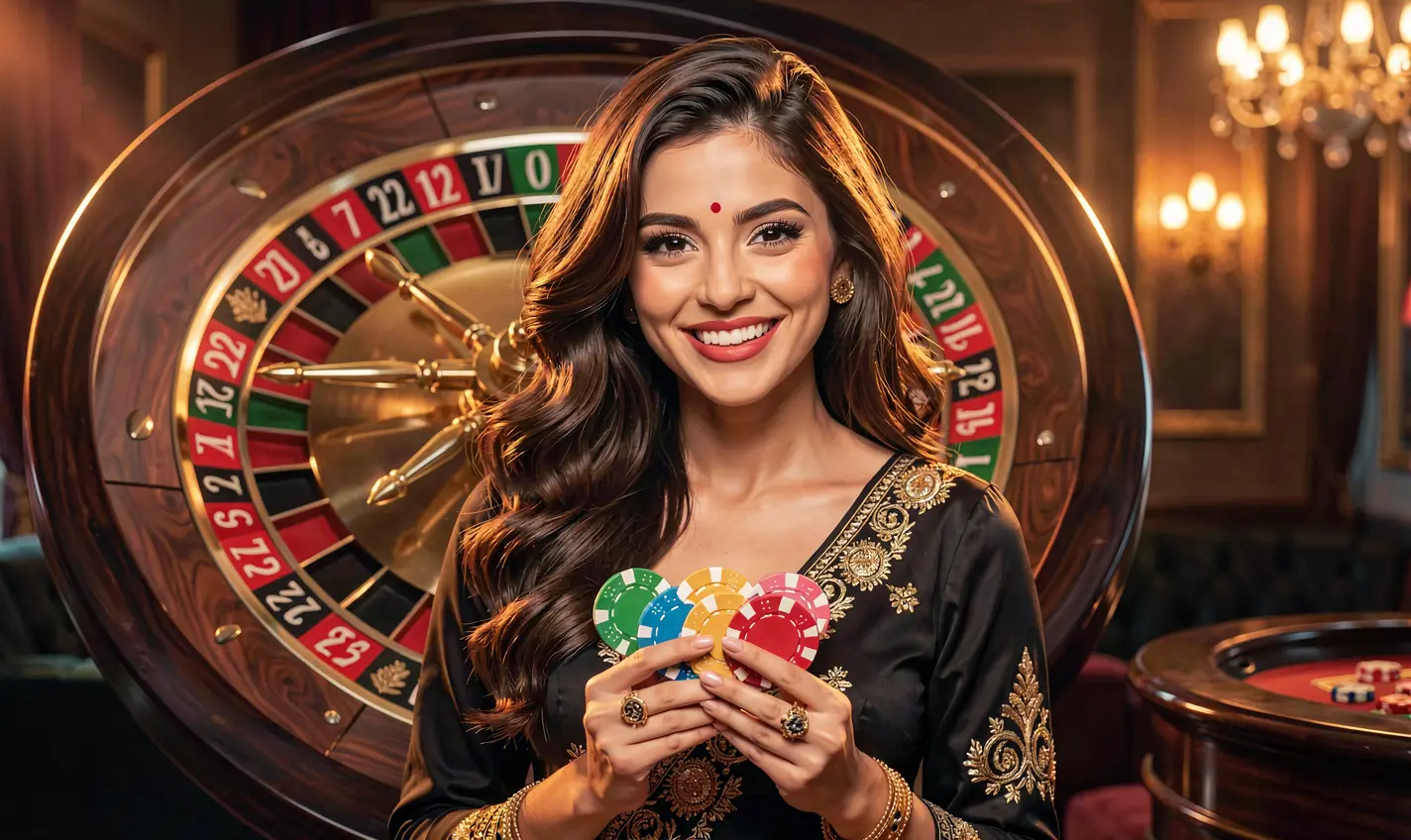 Happy casino player holding colorful chips with a glowing roulette wheel in the background enjoying premium gaming rewards at 25OK in Bangladesh
