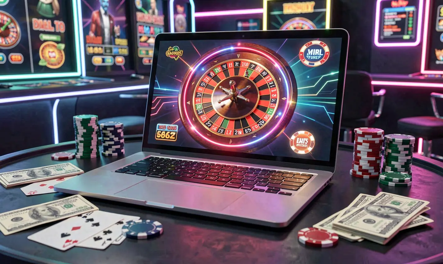 Futuristic online roulette game on a laptop surrounded by casino chips and cards in a neon casino atmosphere showcasing immersive gameplay on 25OK Casino