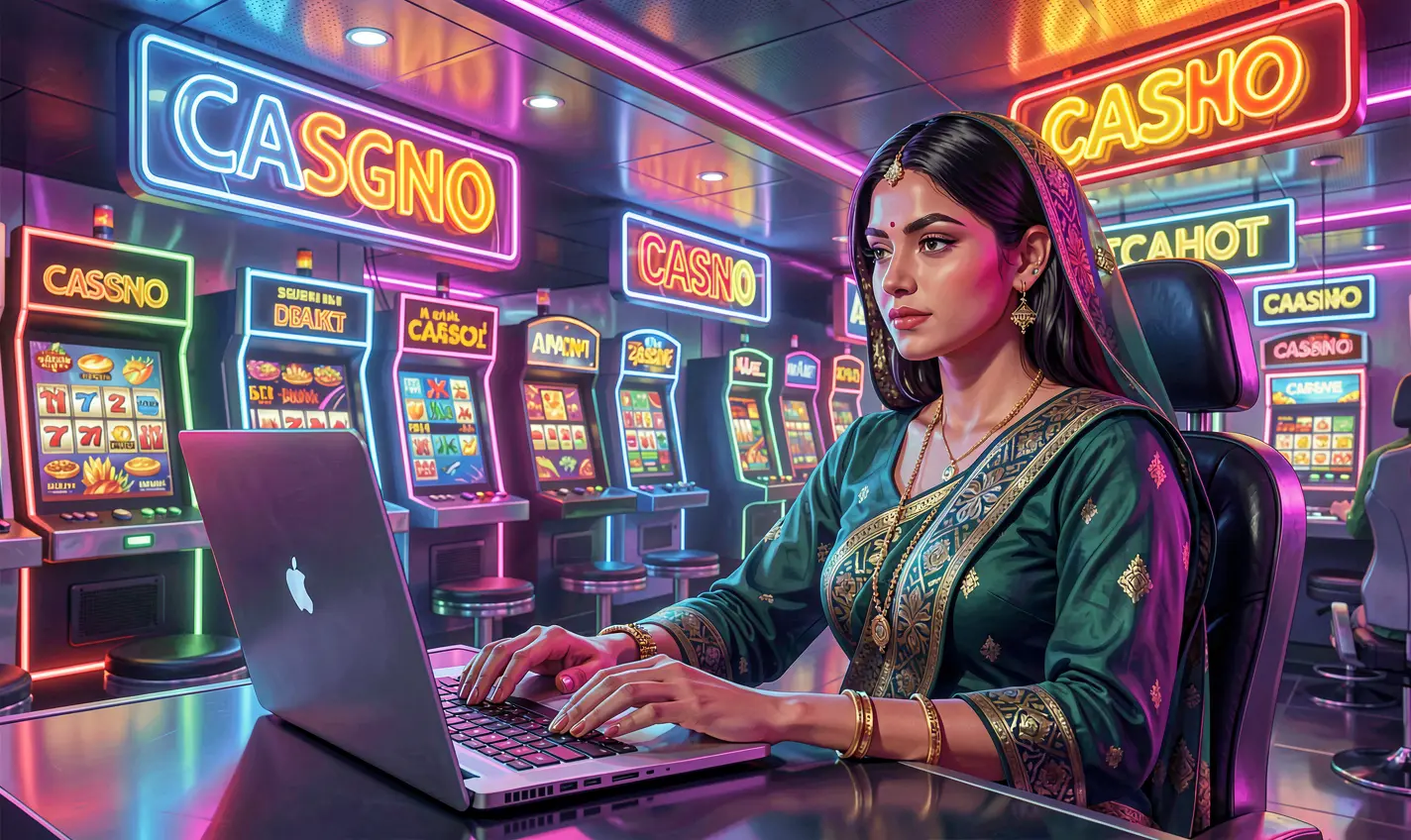 Vibrant neon casino scene with a woman playing online games on a laptop surrounded by glowing signs representing the dynamic atmosphere of 25OK casino games in Bangladesh
