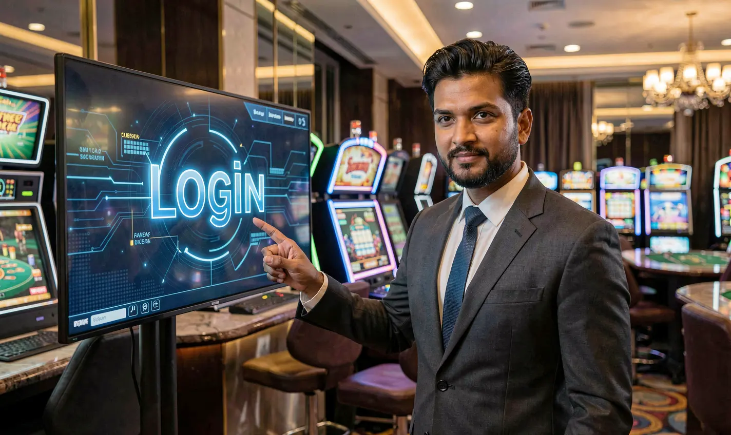 Confident Bangladeshi casino professional guiding players to the 25OK login screen in a modern online casino environment