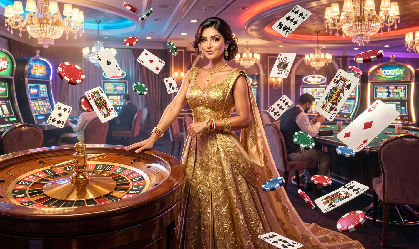 Elegant woman in a luxurious golden gown standing at the center of a glowing roulette wheel with floating casino chips symbolizing high stakes gaming at 25OK casino Bangladesh