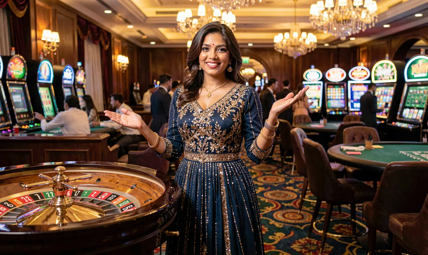 Elegant live casino model welcoming players at a roulette table inside a luxury gaming hall on 25OK Casino for Bangladesh